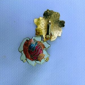 Vintage Cloisonne Flower Back Hammered Gold Plated